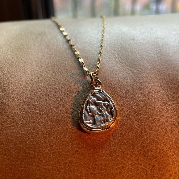 Hand Crafted Jewelry - Woman cameo face coin charm pendant necklace gold plated chain layering boho